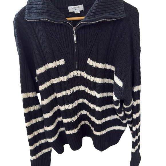 La Ligne Target Black White Striped Chunky Knit Quarter Zip Sweater Size Xl - Picture 1 of 7